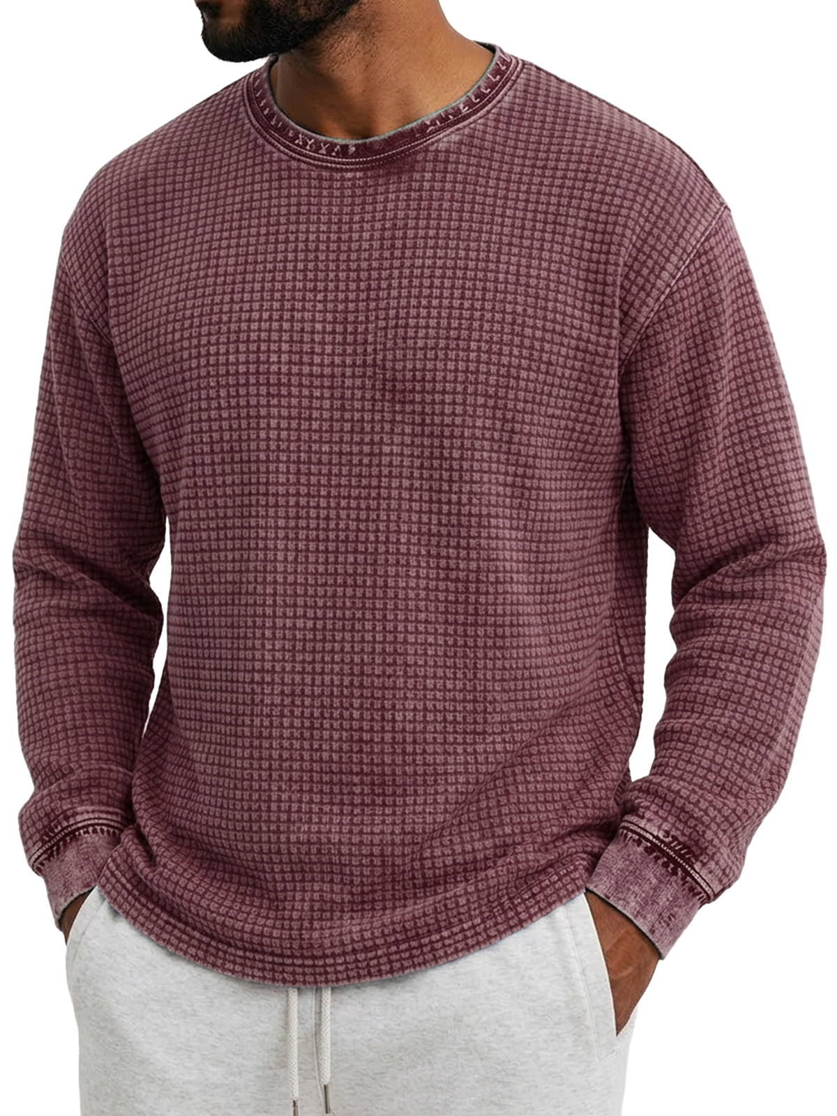 Men's Retro Distressed Waffle Knit Crew Neck Long-Sleeve T-Shirt