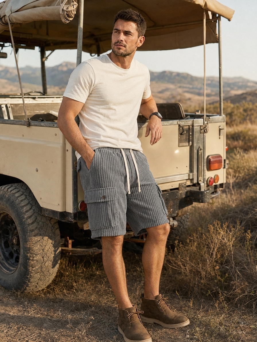 Men's Retro Corduroy Cargo Casual Shorts