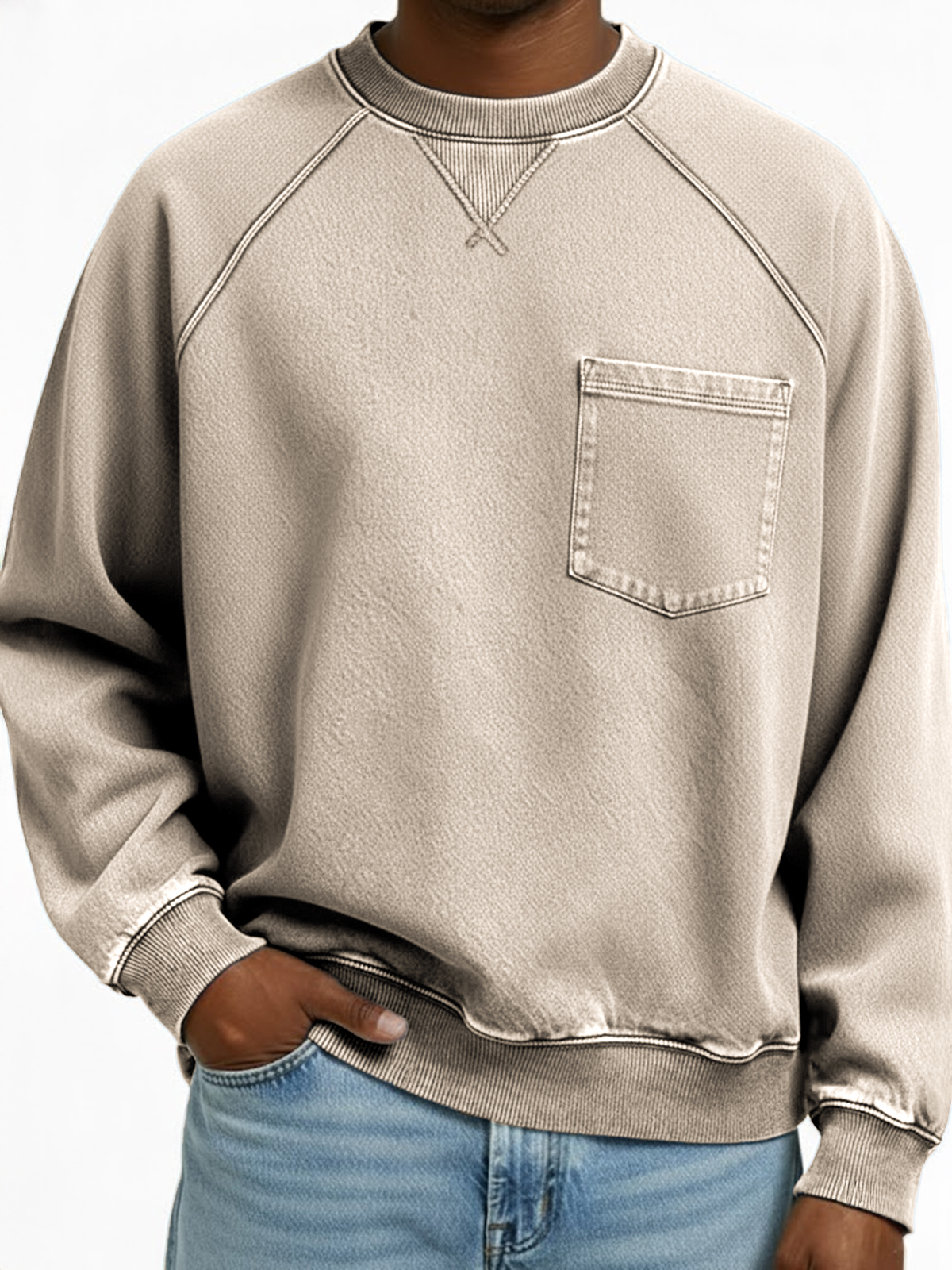 Men's Vintage Distressed Raglan Sleeve X-stitched Patchwork Pocket Crew Neck Pullover Sweatshirt
