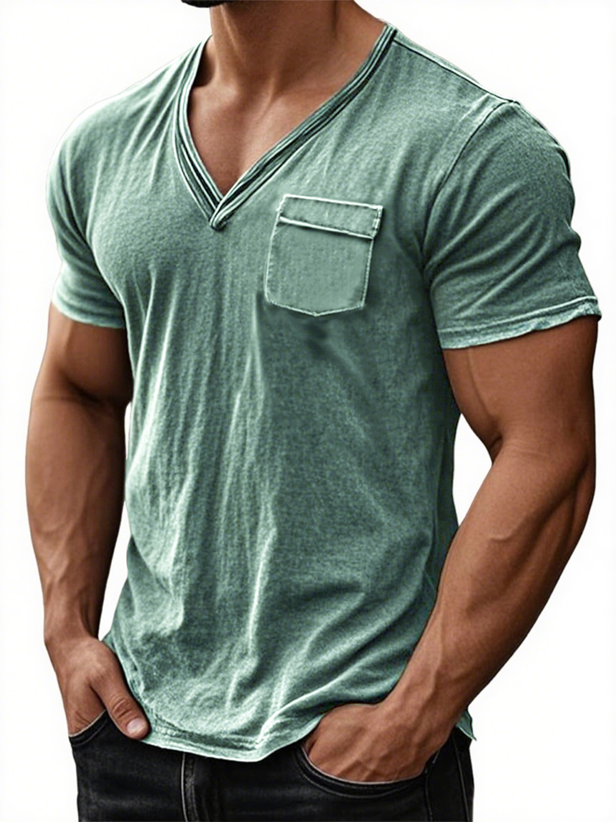 Men's Stylish Distressed V-neck Skin-friendly Everyday Short-sleeved T-shirt with Chest Pocket