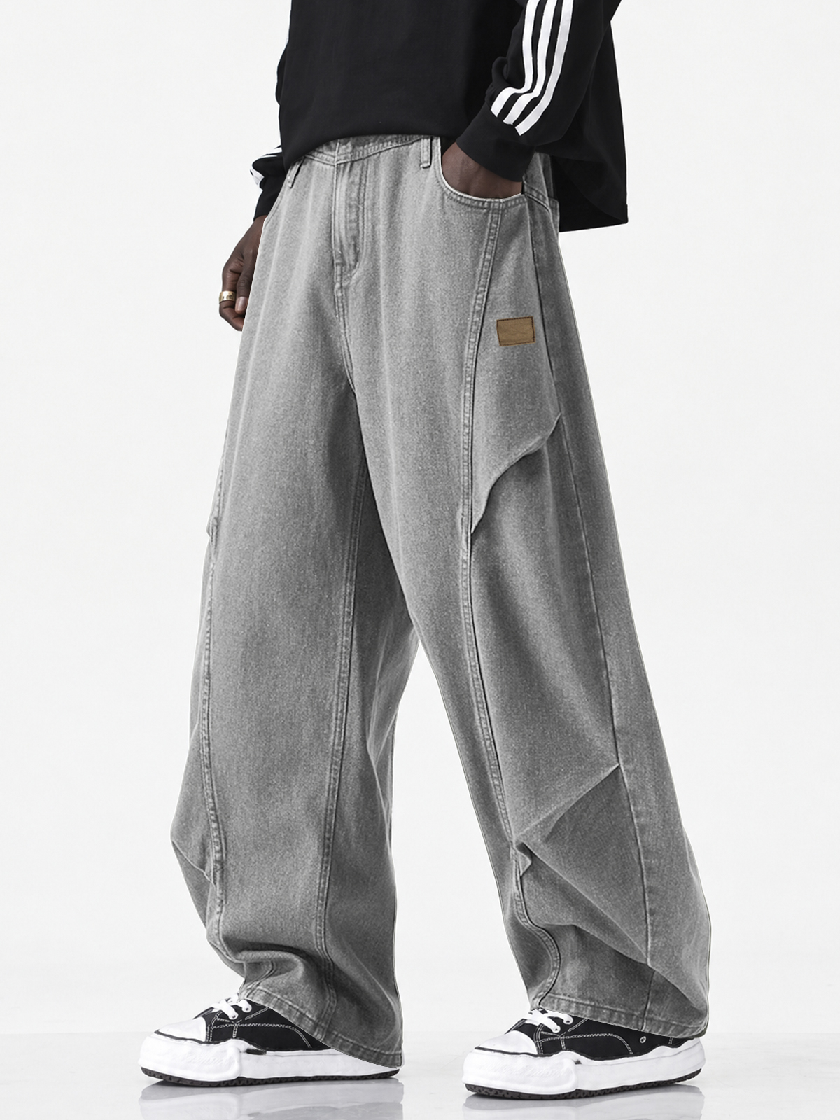 Men's Cotton Vintage-Washed Deconstructed Patchwork Curved-Leg Wide-Leg Jeans