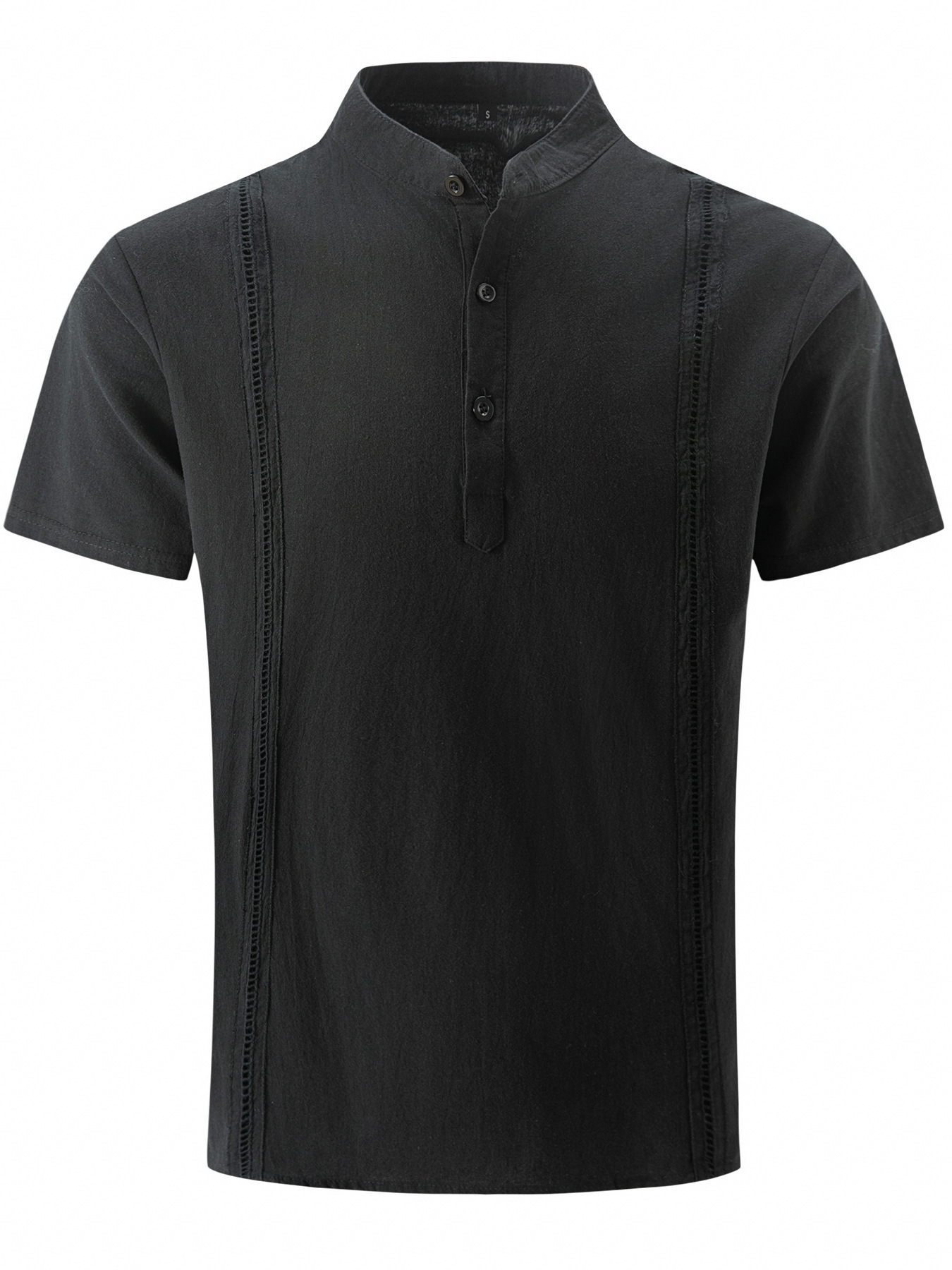 Men's Cotton Linen Henley Collar Solid Color Cuban Guayabera Short-Sleeve Shirt