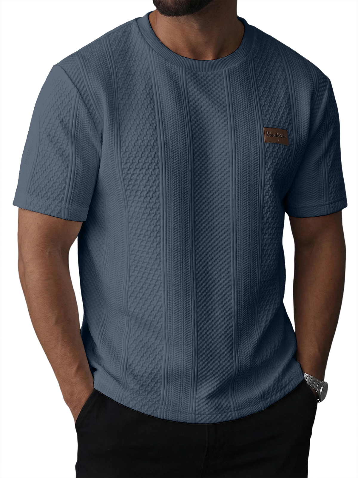 Men's Striped Jacquard Textured Casual Crew Neck Short-Sleeve T-Shirt