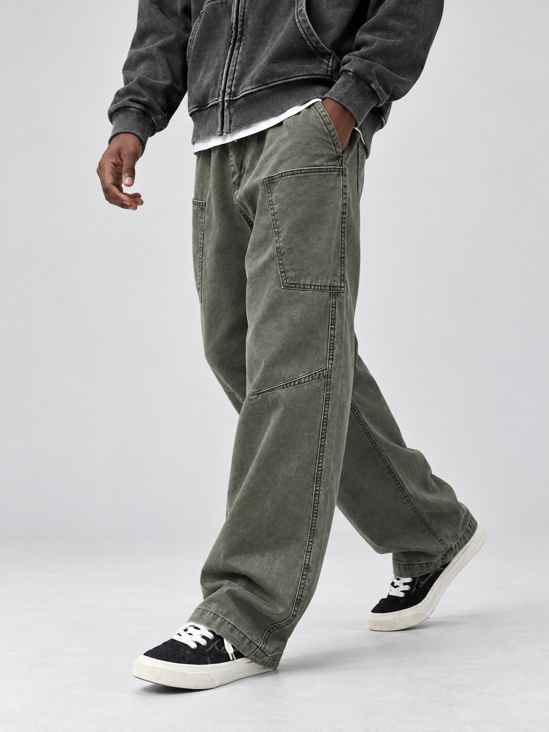 Men's Autumn 100% Cotton Vintage-Washed Multi-Pocket Straight-Leg Trousers