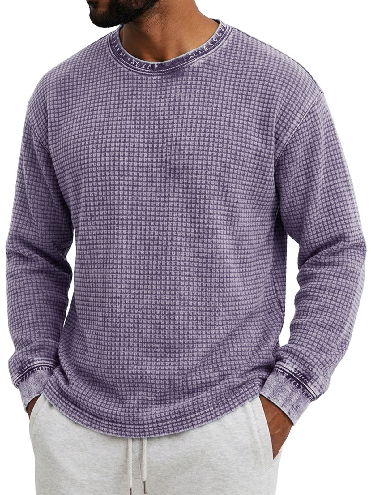Men's Retro Distressed Waffle Knit Crew Neck Long-Sleeve T-Shirt
