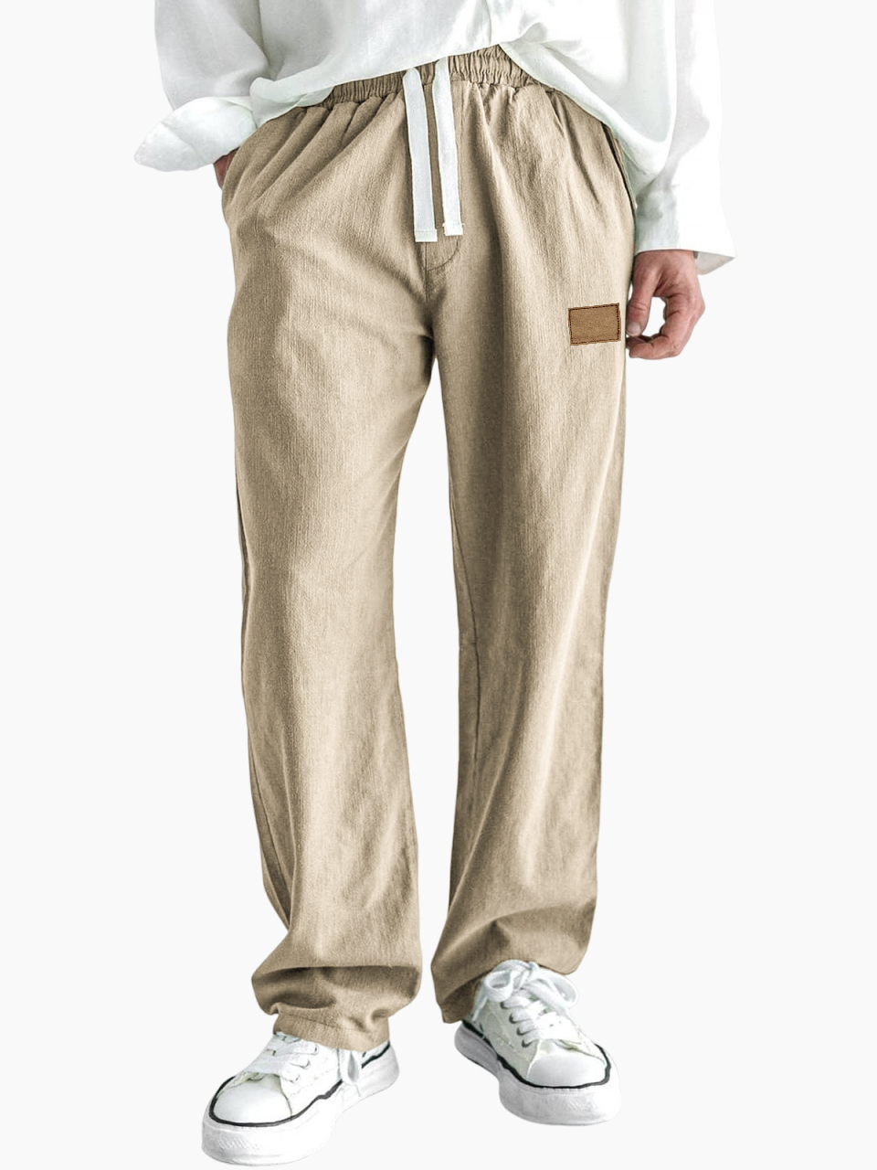 Men's Comfort Linen Embroidered Logo Casual Lace-Up Everyday Trousers with Side Pockets