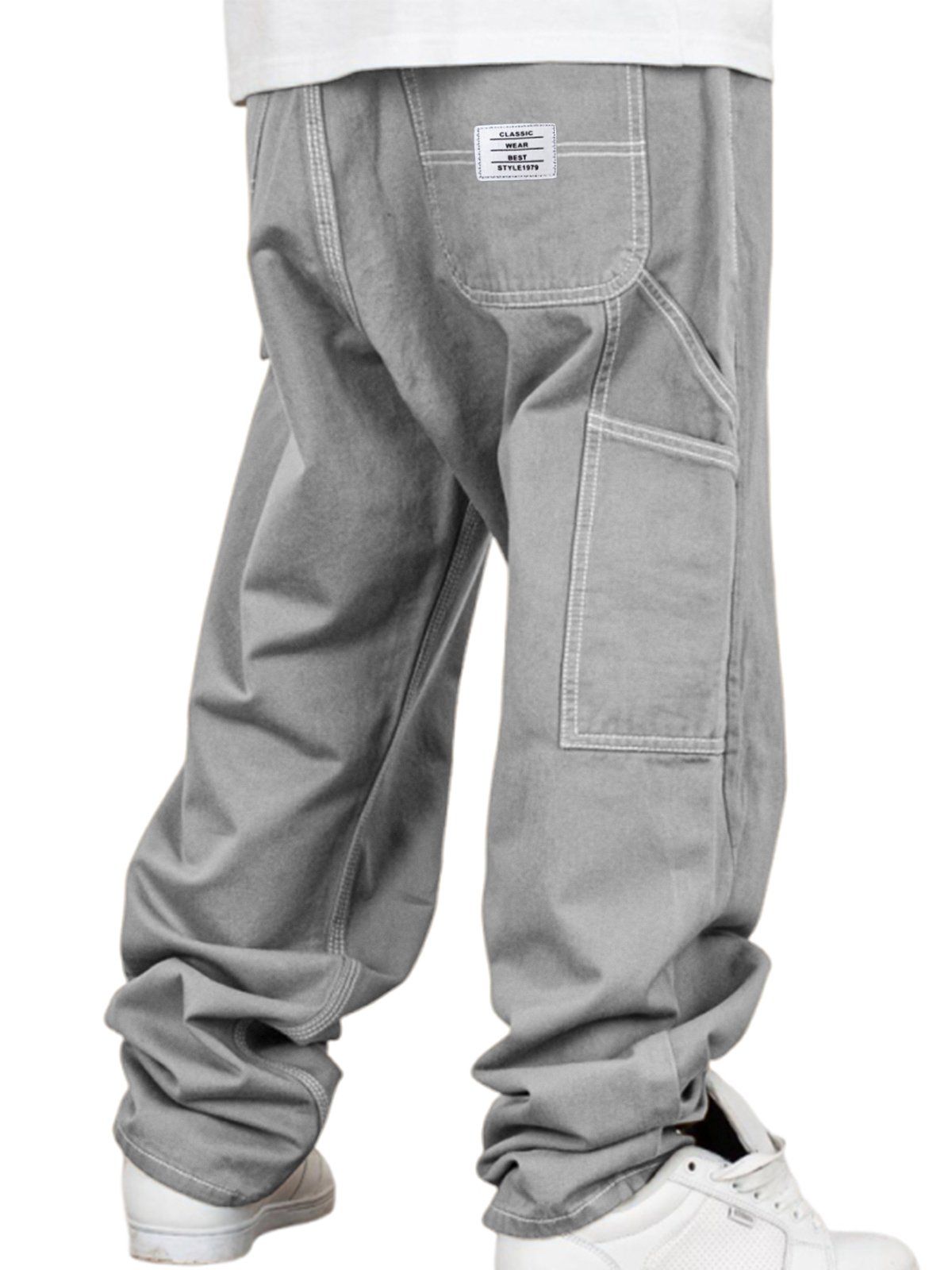 Men's Vintage Workwear Multi-pocket Casual Twill Cotton Trousers with Embroidered Label