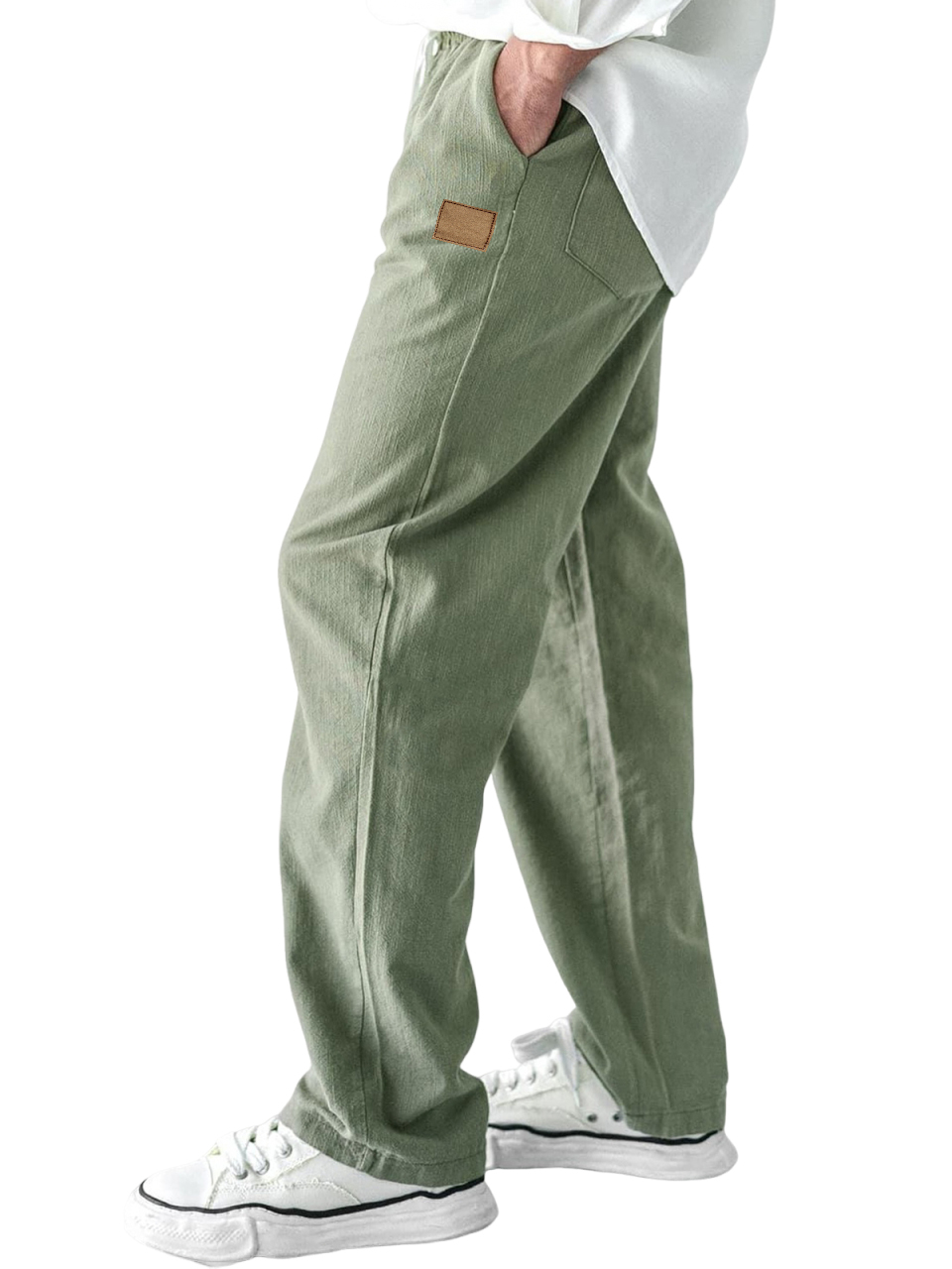 Men's Comfort Linen Embroidered Logo Casual Lace-Up Everyday Trousers with Side Pockets