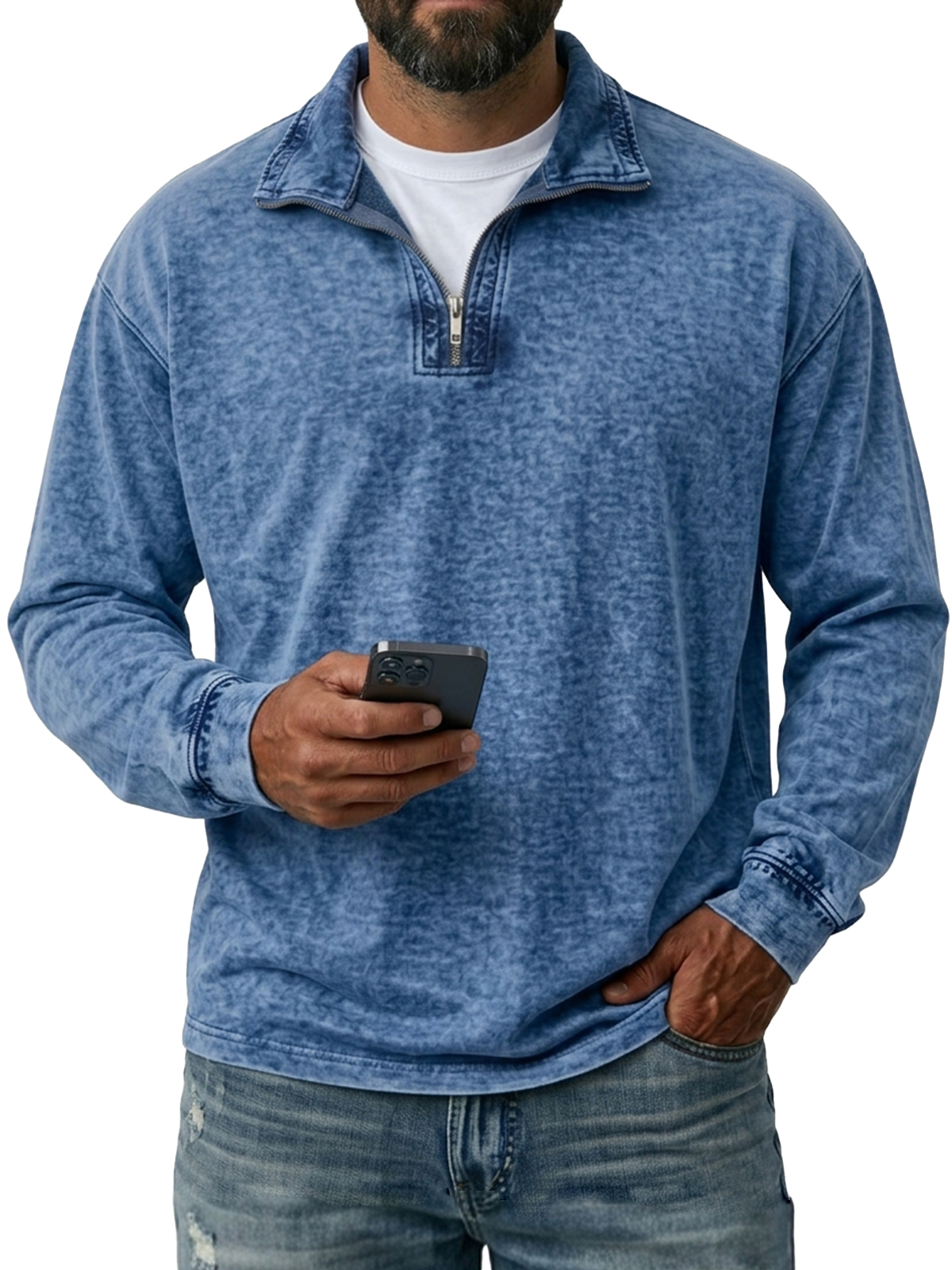 Men's Quarter-Zip Washed Distressed Long Sleeve T-Shirt