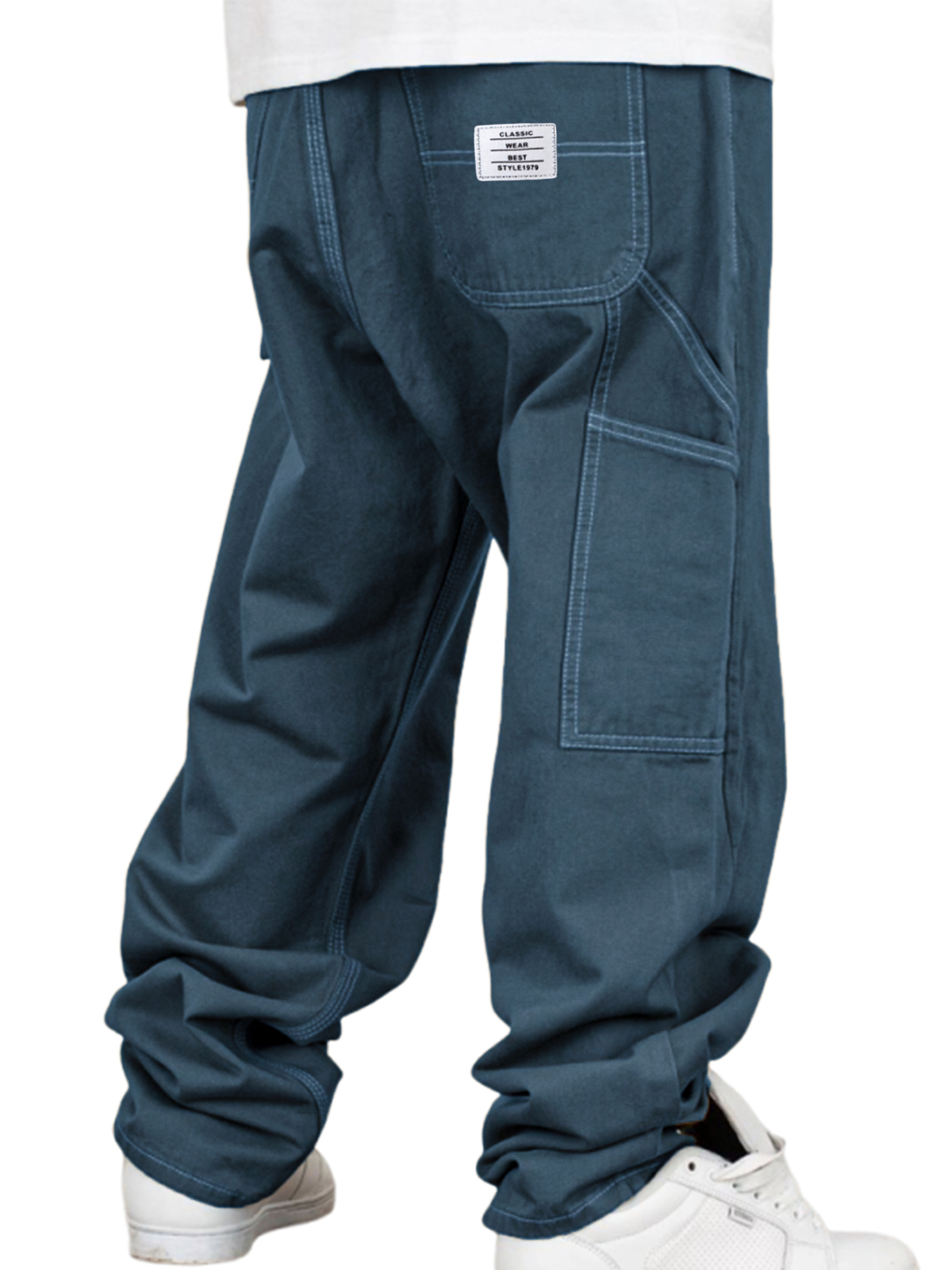 Men's Vintage Workwear Multi-pocket Casual Twill Cotton Trousers with Embroidered Label