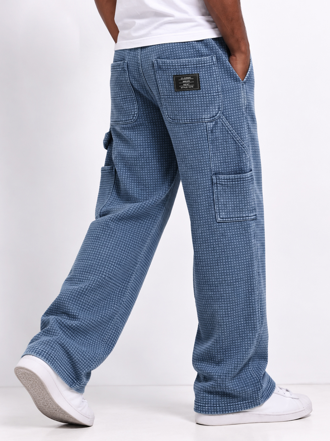 Men's Autumn Vintage Washed Distressed Waffle Knit Multi-Pocket Straight-Leg Pants