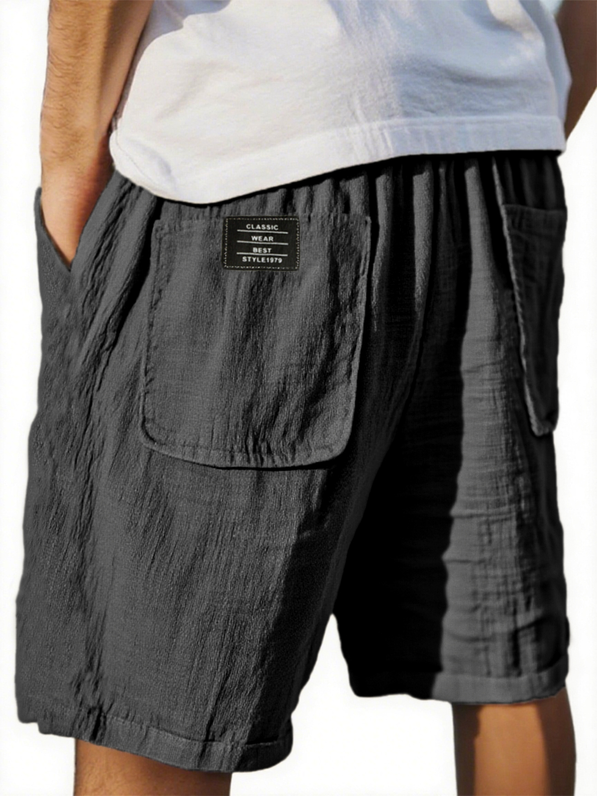 Men's Crinkled Linen Multi-Pocket Embroidered Label Comfort Shorts