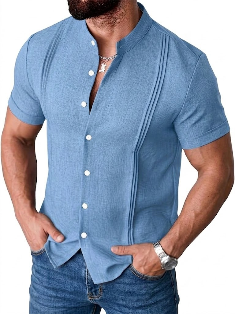 Men's Cotton and Linen Deconstructed Stand-up Collar Shirt