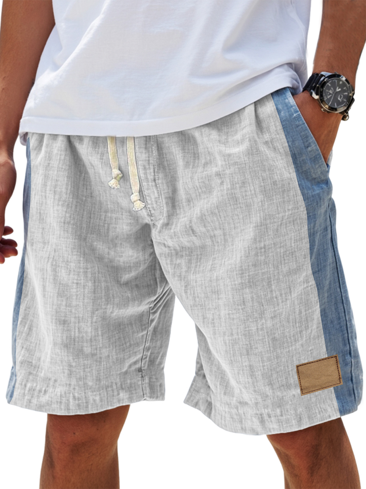 Men's Casual Breathable Linen Embroidered Logo Loose Fitting Vacation Color Blocked Shorts