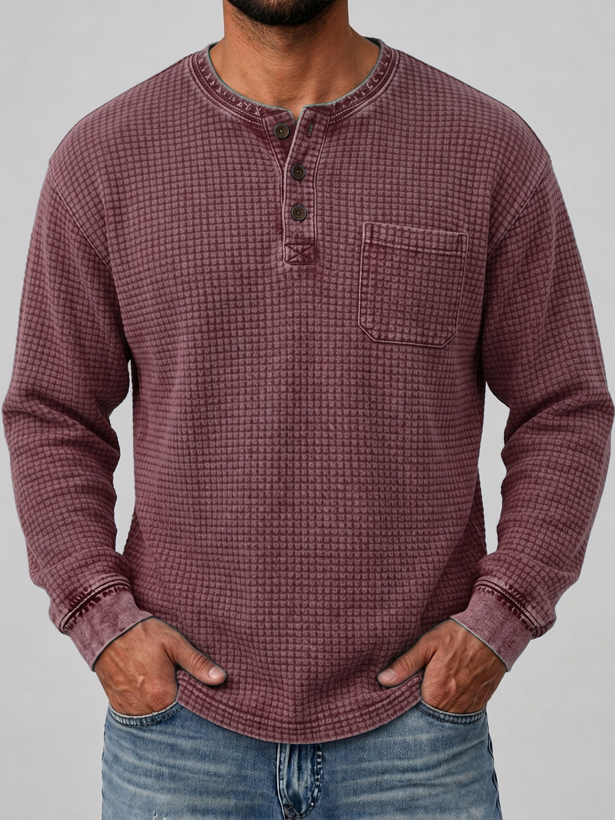 Men's Retro Distressed Waffle Knit Henley Shirt