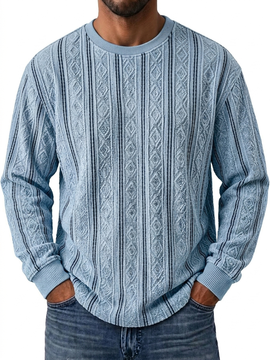 Vintage Striped Textured Vertical Stripe Crew Neck Top