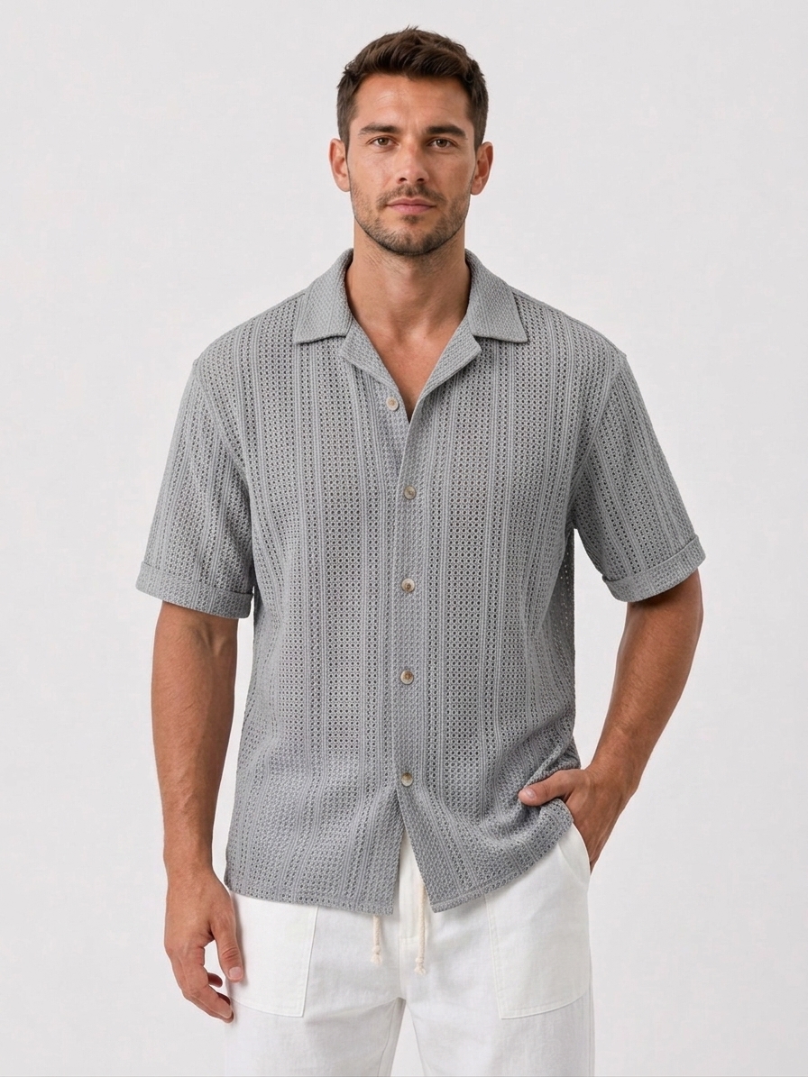 Open Knit Textured Cuban Collar Shirt