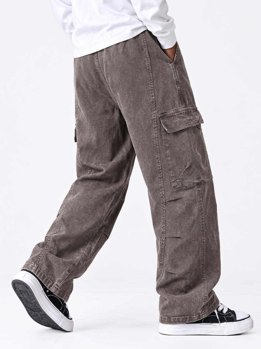 Men's 100% Cotton Washed Distressed Heavy-Duty Straight Leg Pants