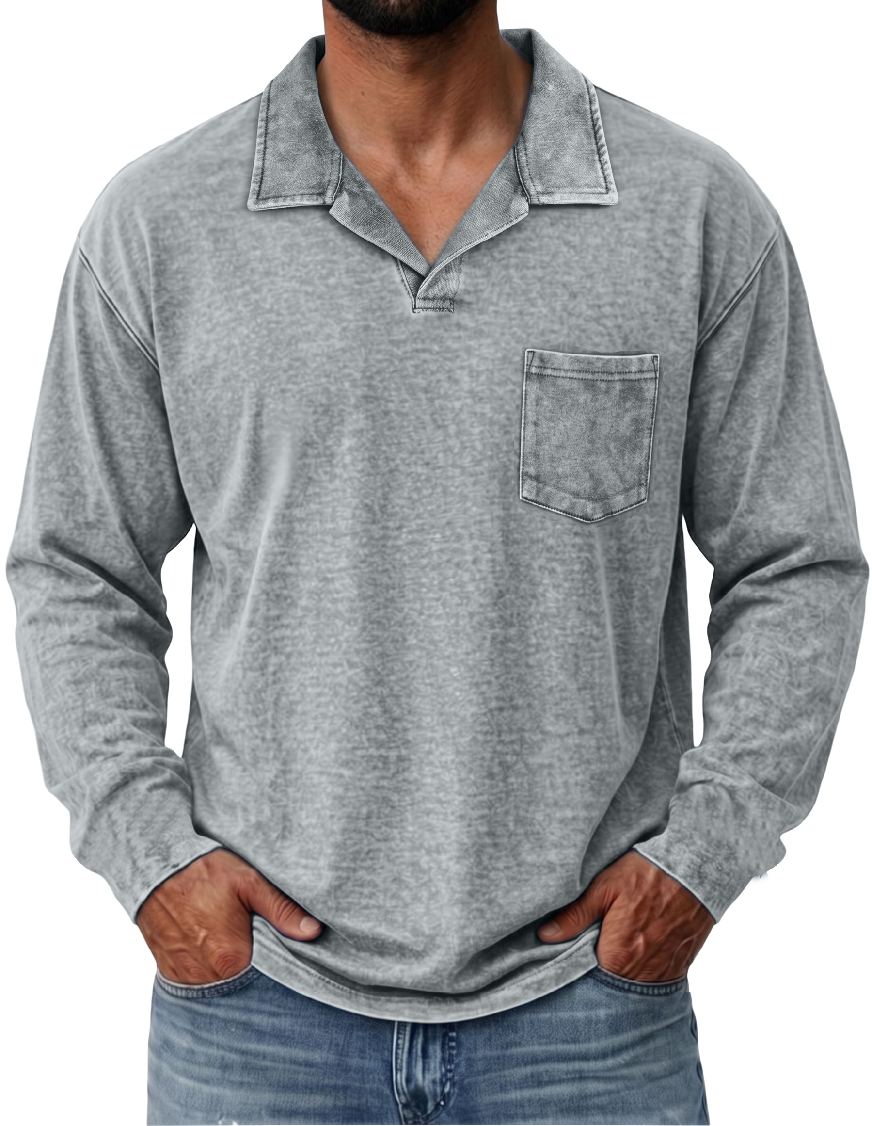 100% Cotton Vintage Washed Collared Pocket Pullover Long Sleeve Polo Shirt