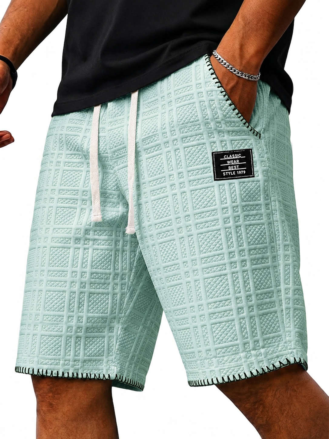 Jacquard Plaid Textured Embroidered Logo Casual Shorts