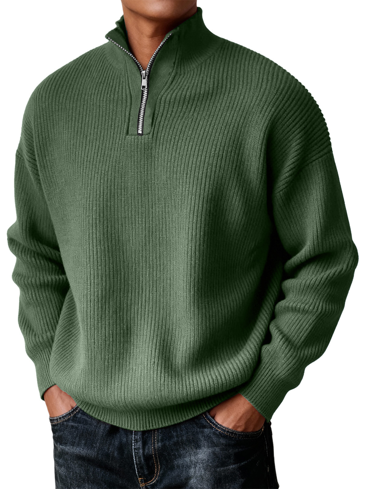 Men's Simple Zipper Turtleneck Casual Knitted Sweater Christmas and New Year Sweater