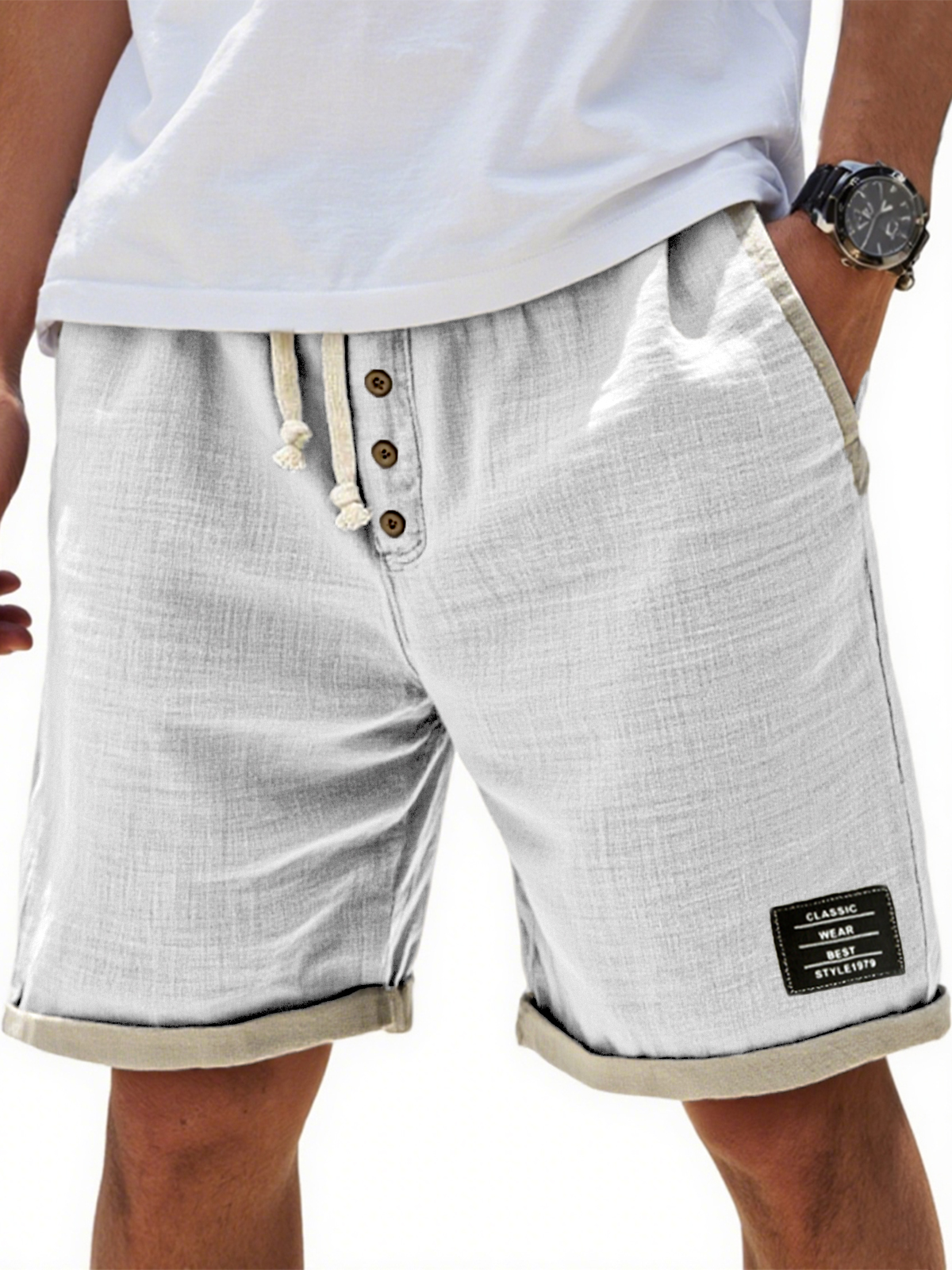 Men's Breathable Linen Colorblock Casual Embroidered Label and Button Placket Shorts