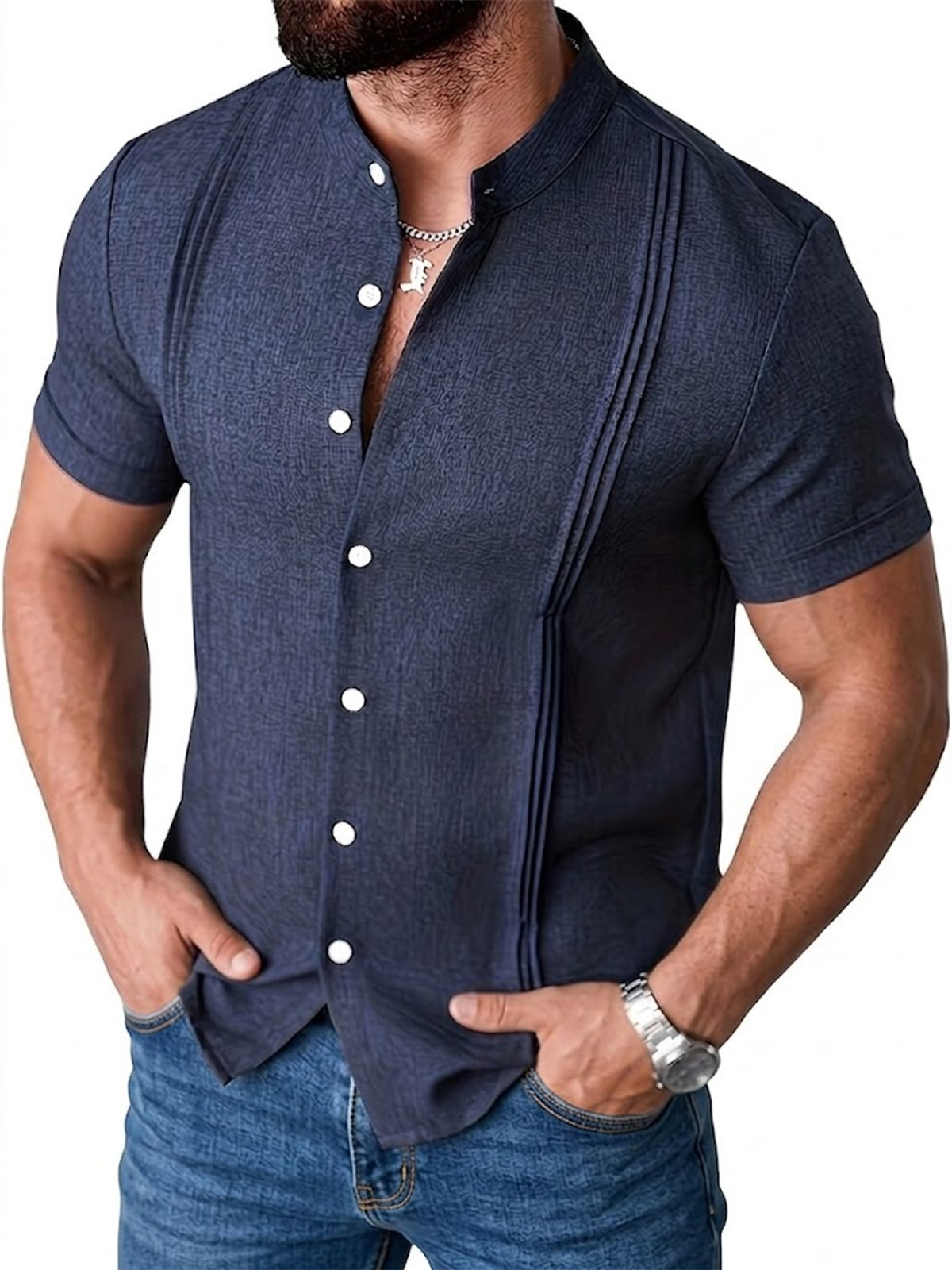 Men's Cotton and Linen Deconstructed Stand-up Collar Shirt