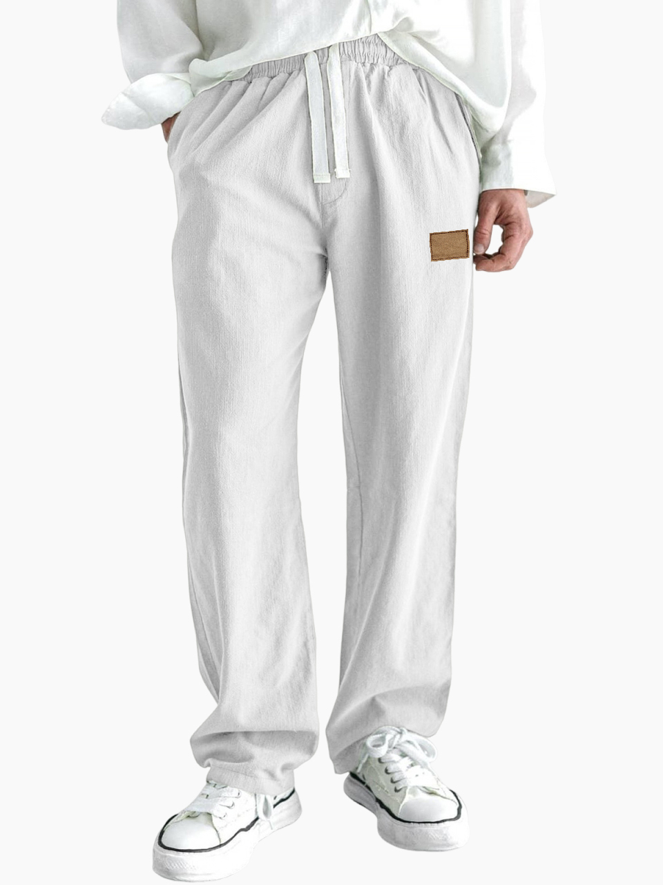 Men's Comfort Linen Embroidered Logo Casual Lace-Up Everyday Trousers with Side Pockets