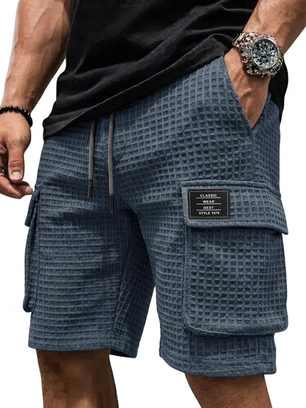 Stylish Multi-Pocket Waffle Fabric Cargo Pocket Shorts