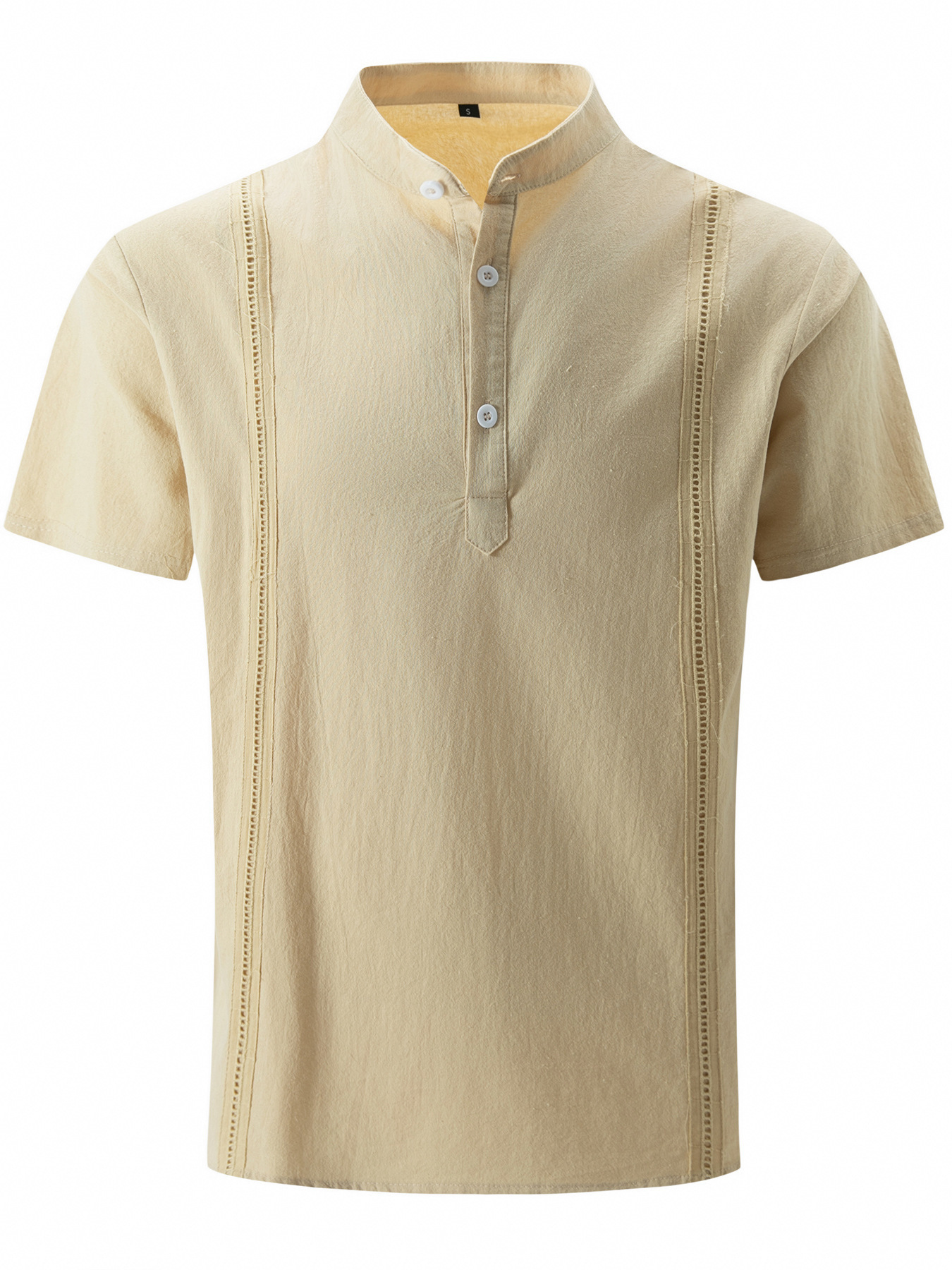Men's Cotton Linen Henley Collar Solid Color Cuban Guayabera Short-Sleeve Shirt
