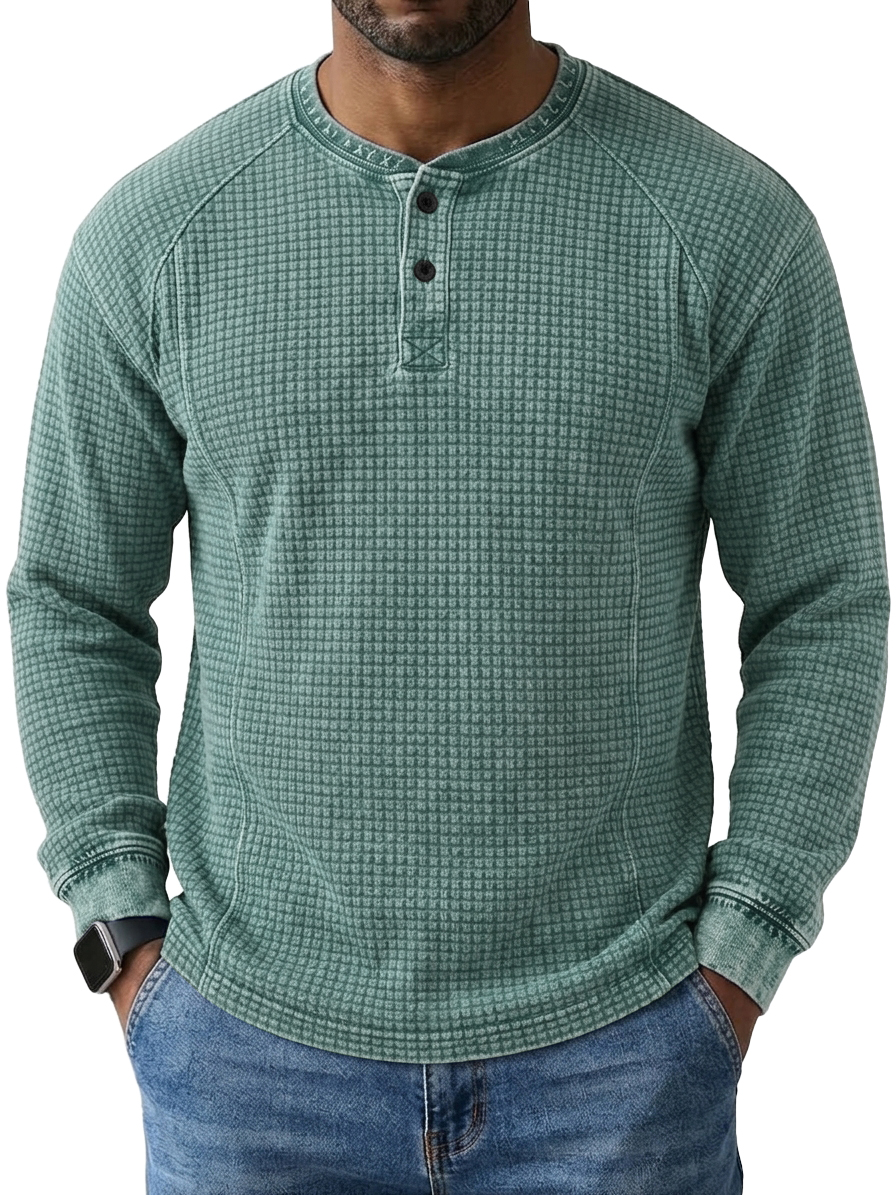 Men's Vintage Washed Distressed Waffle Knit Long-Sleeve Henley Shirt