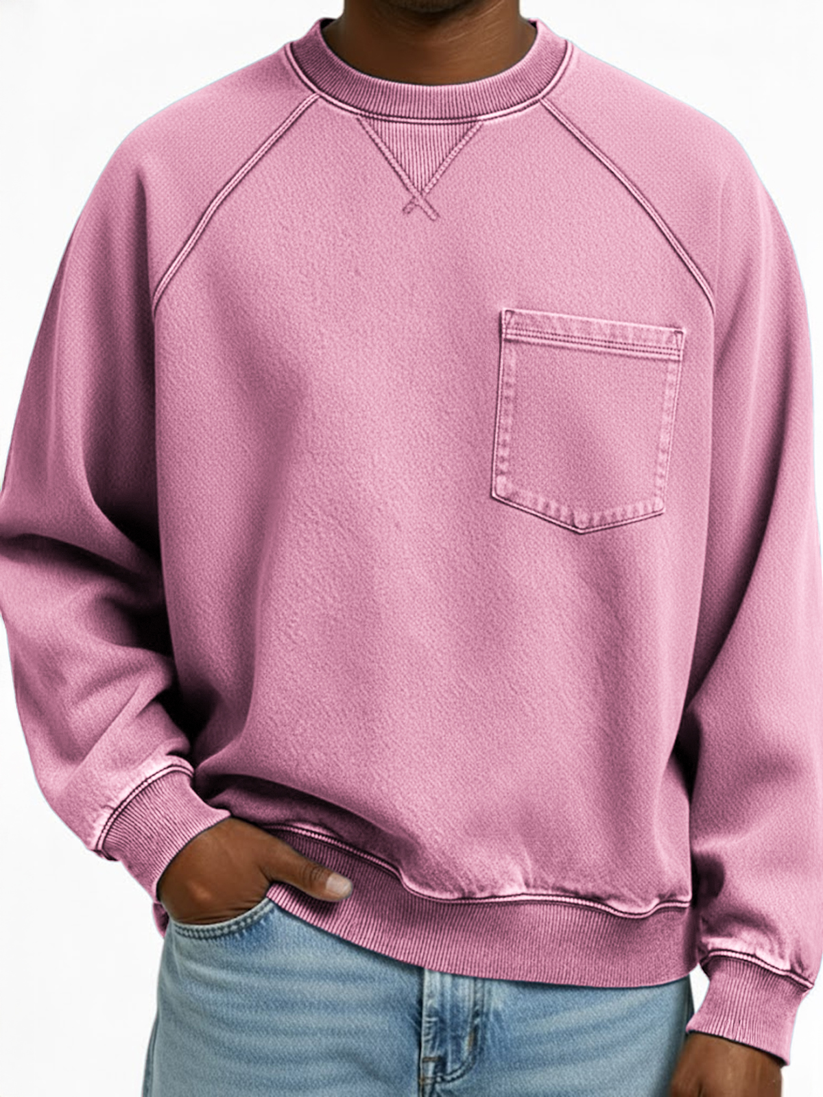 Men's Vintage Distressed Raglan Sleeve X-stitched Patchwork Pocket Crew Neck Pullover Sweatshirt