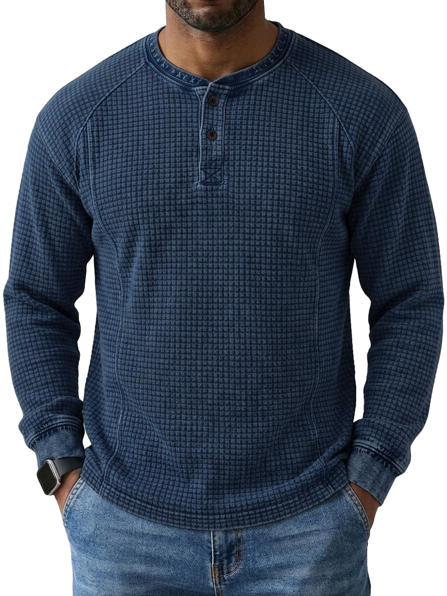 Men's Vintage Washed Distressed Waffle Knit Long-Sleeve Henley Shirt