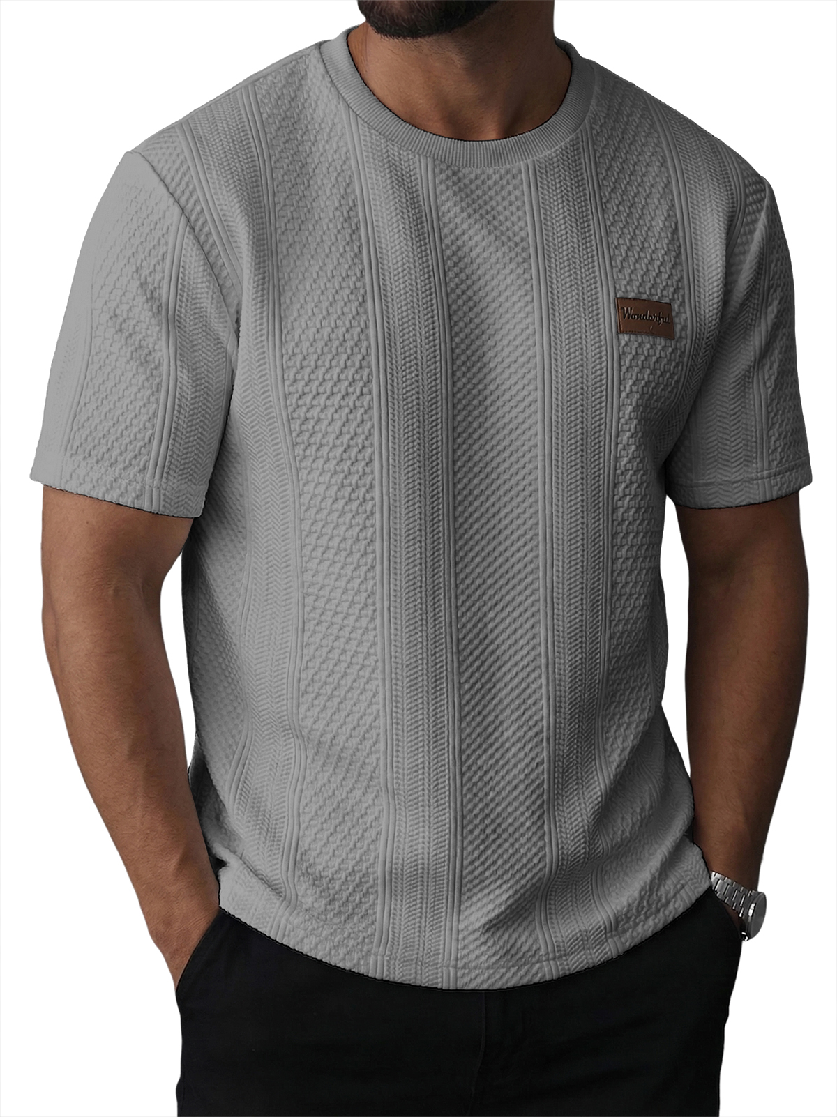 Men's Striped Jacquard Textured Casual Crew Neck Short-Sleeve T-Shirt