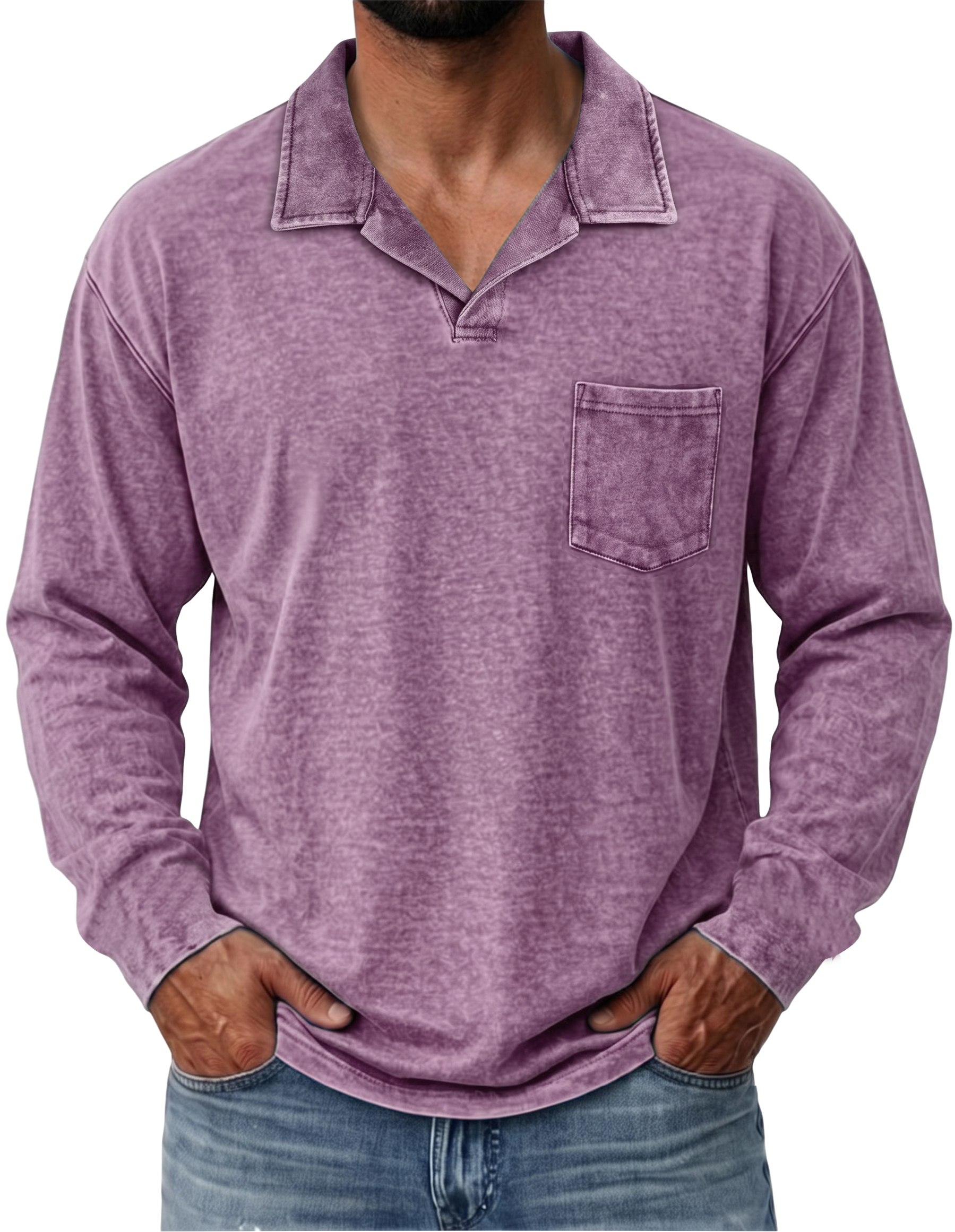 100% Cotton Vintage Washed Collared Pocket Pullover Long Sleeve Polo Shirt