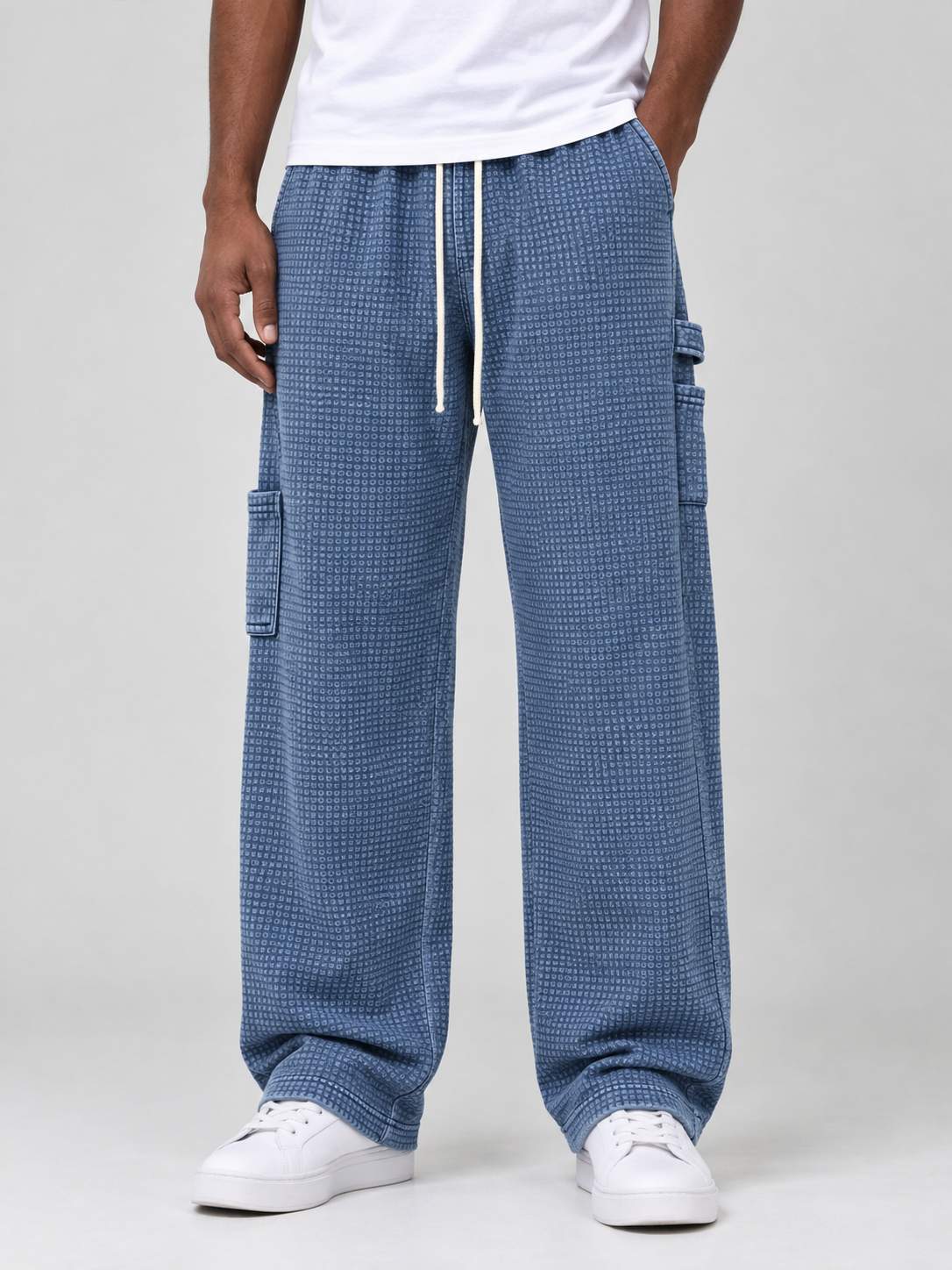 Men's Autumn Vintage Washed Distressed Waffle Knit Multi-Pocket Straight-Leg Pants