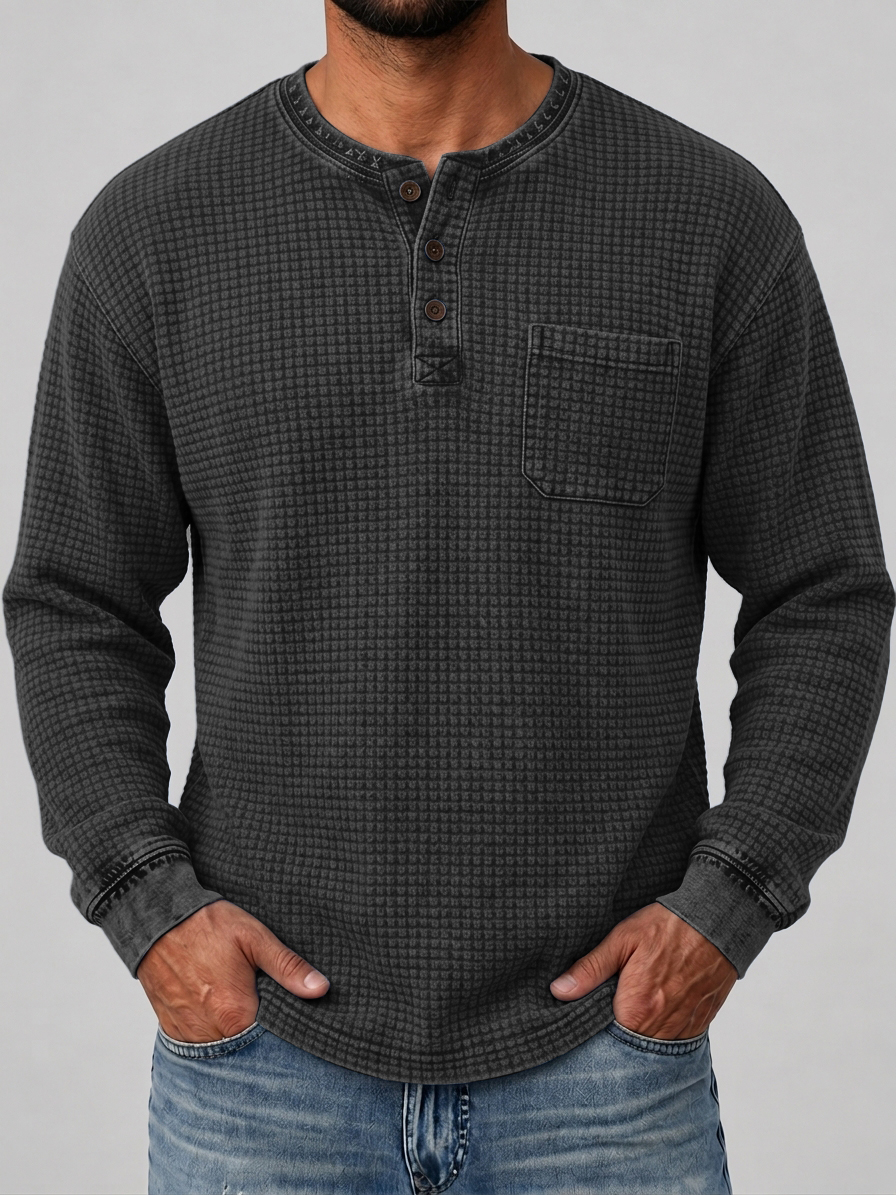 Men's Retro Distressed Waffle Knit Henley Shirt