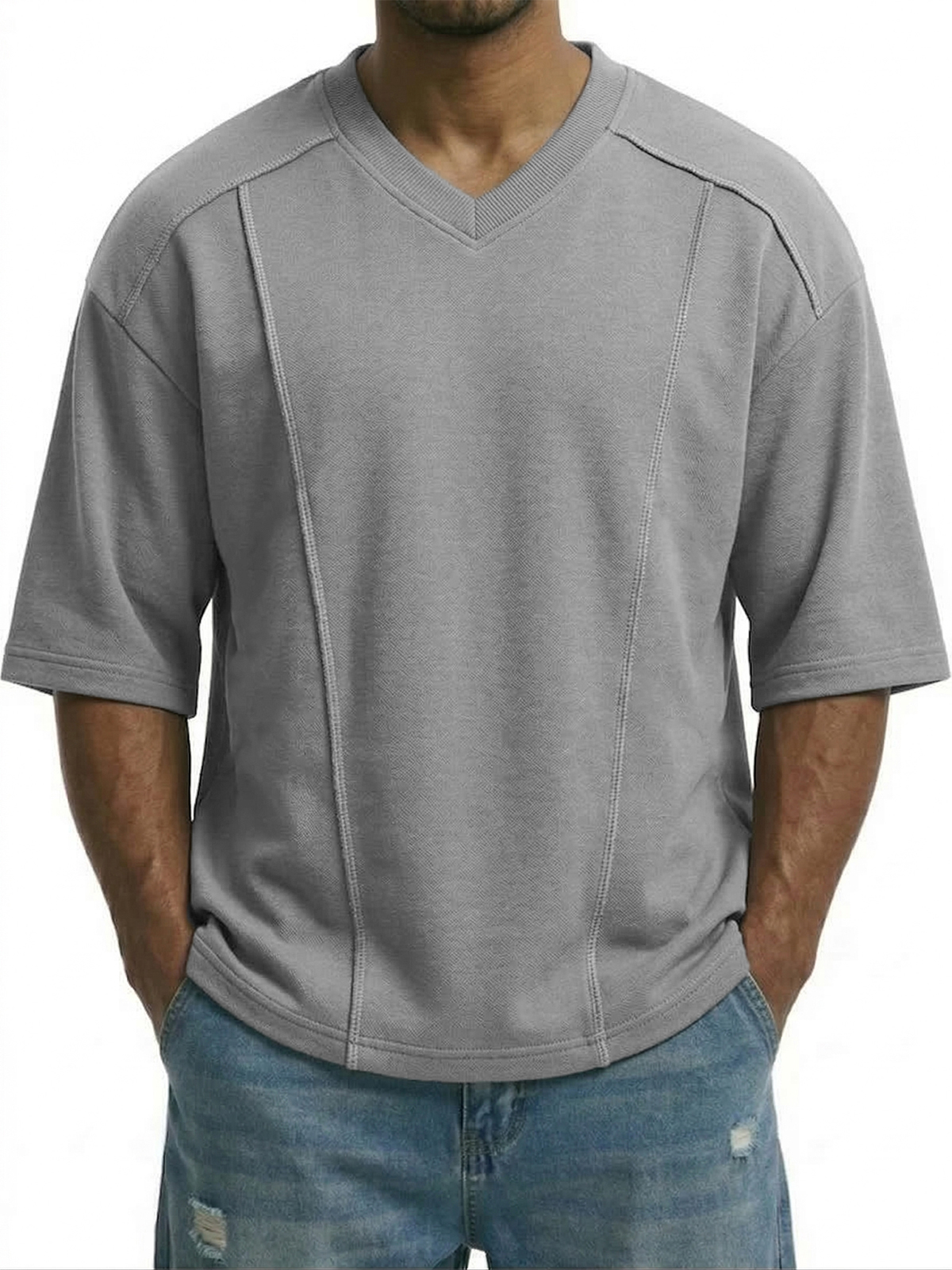 Men's Deconstructed Design Patchwork V-neck Pullover T-shirt
