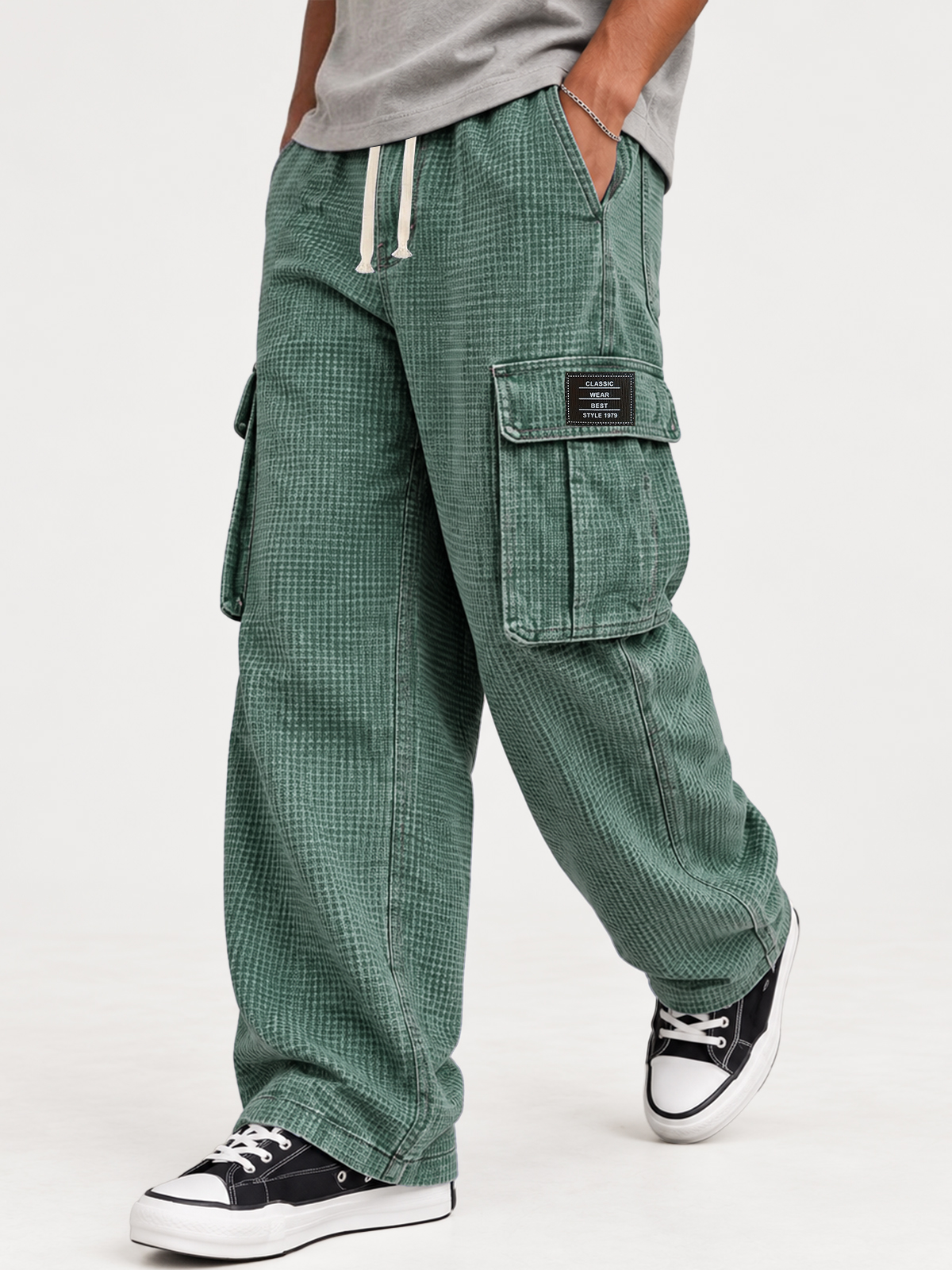 Men's Retro Distressed Washed Waffle Knit Autumn/Winter Cargo Pants