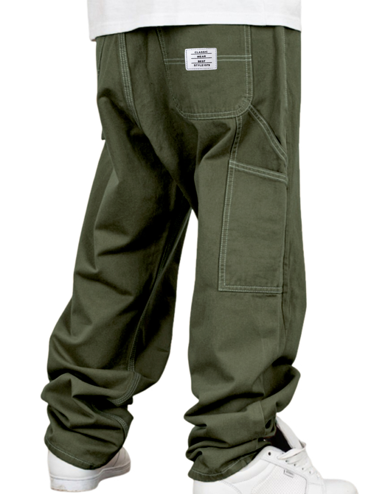 Men's Vintage Workwear Multi-pocket Casual Twill Cotton Trousers with Embroidered Label