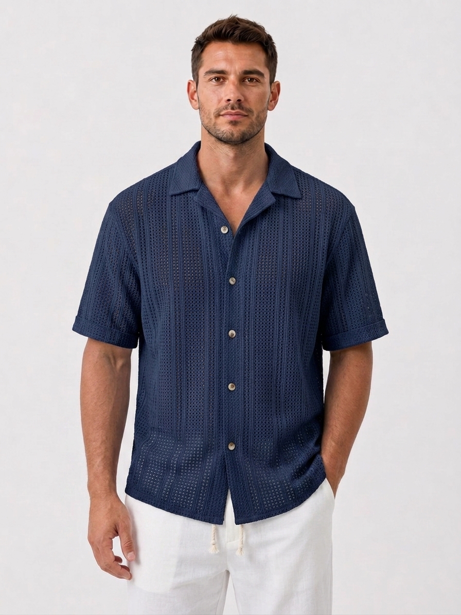 Open Knit Textured Cuban Collar Shirt