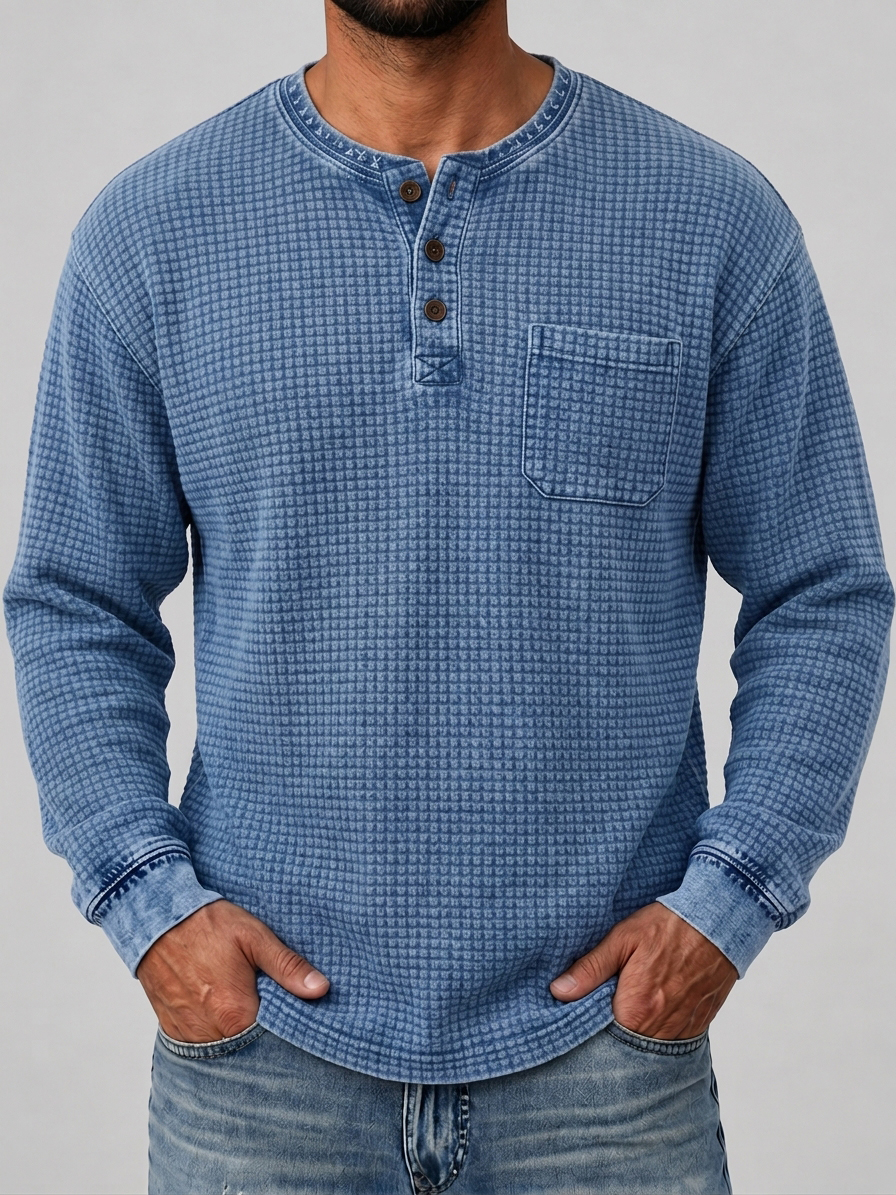 Men's Retro Distressed Waffle Knit Henley Shirt