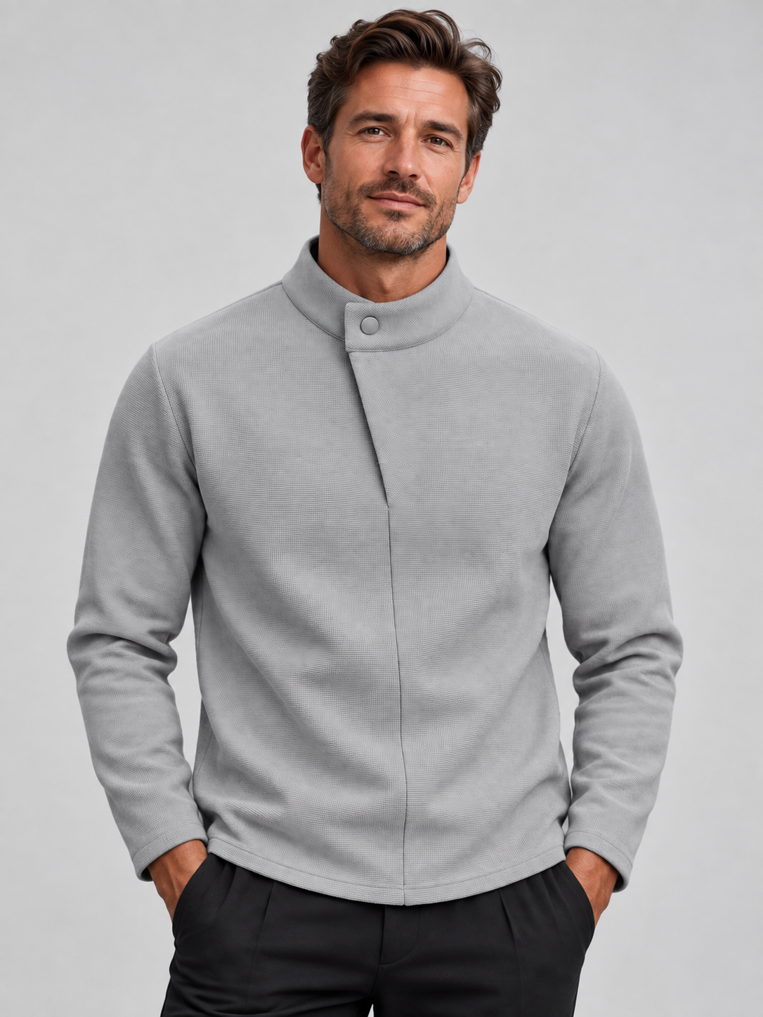 Men's New Autumn and Winter One-Button Semi-High Neck Long Sleeve T-Shirt