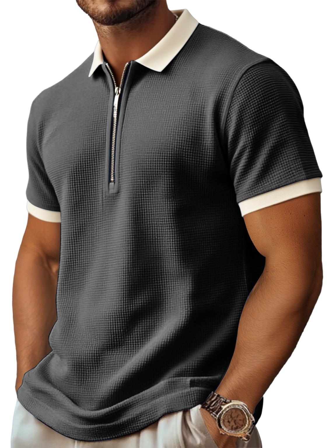 Men's Retro And Stylish Waffle Fabric With A Contrasting Zip-up Polo Shirt