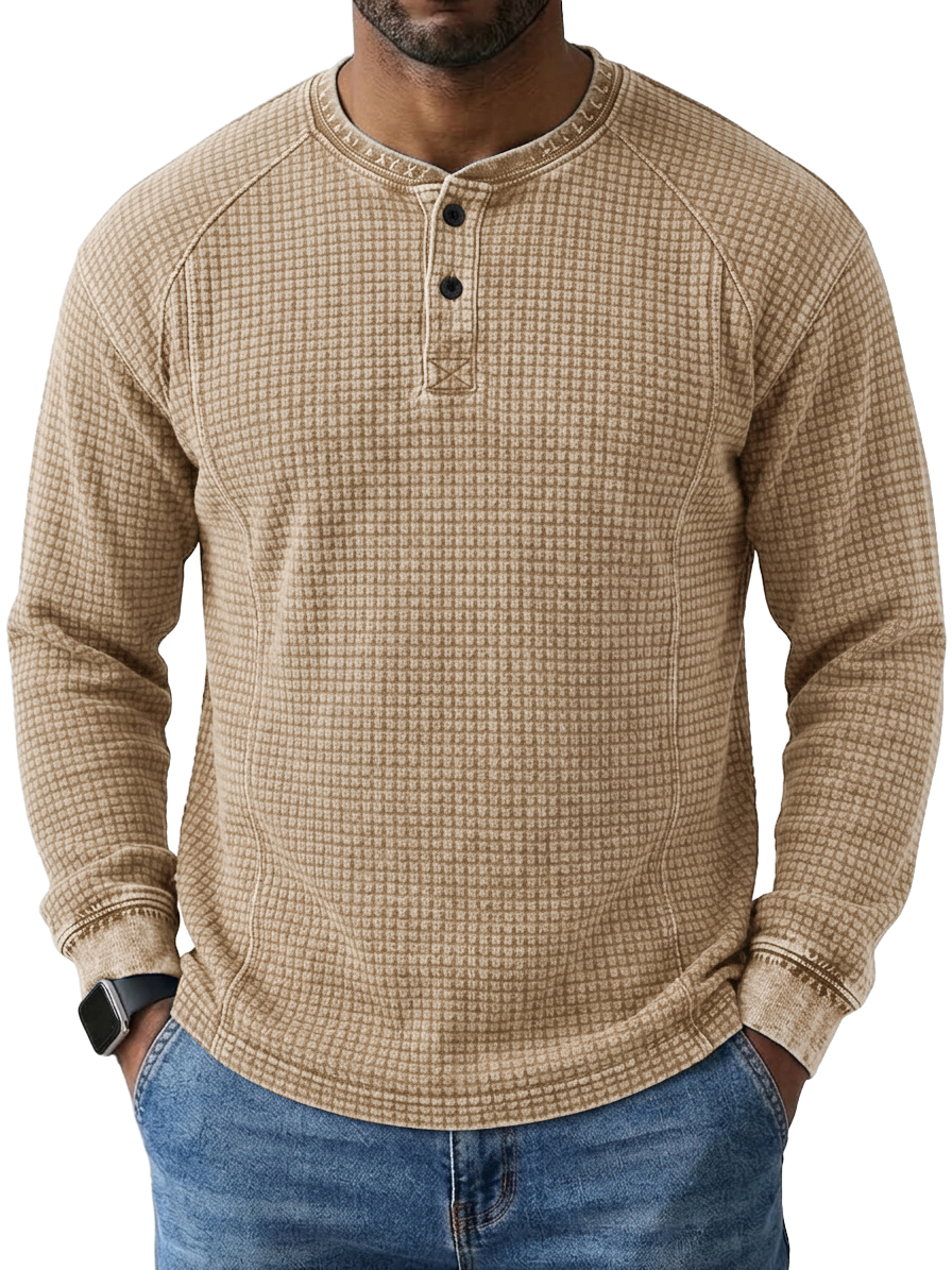 Men's Vintage Washed Distressed Waffle Knit Long-Sleeve Henley Shirt