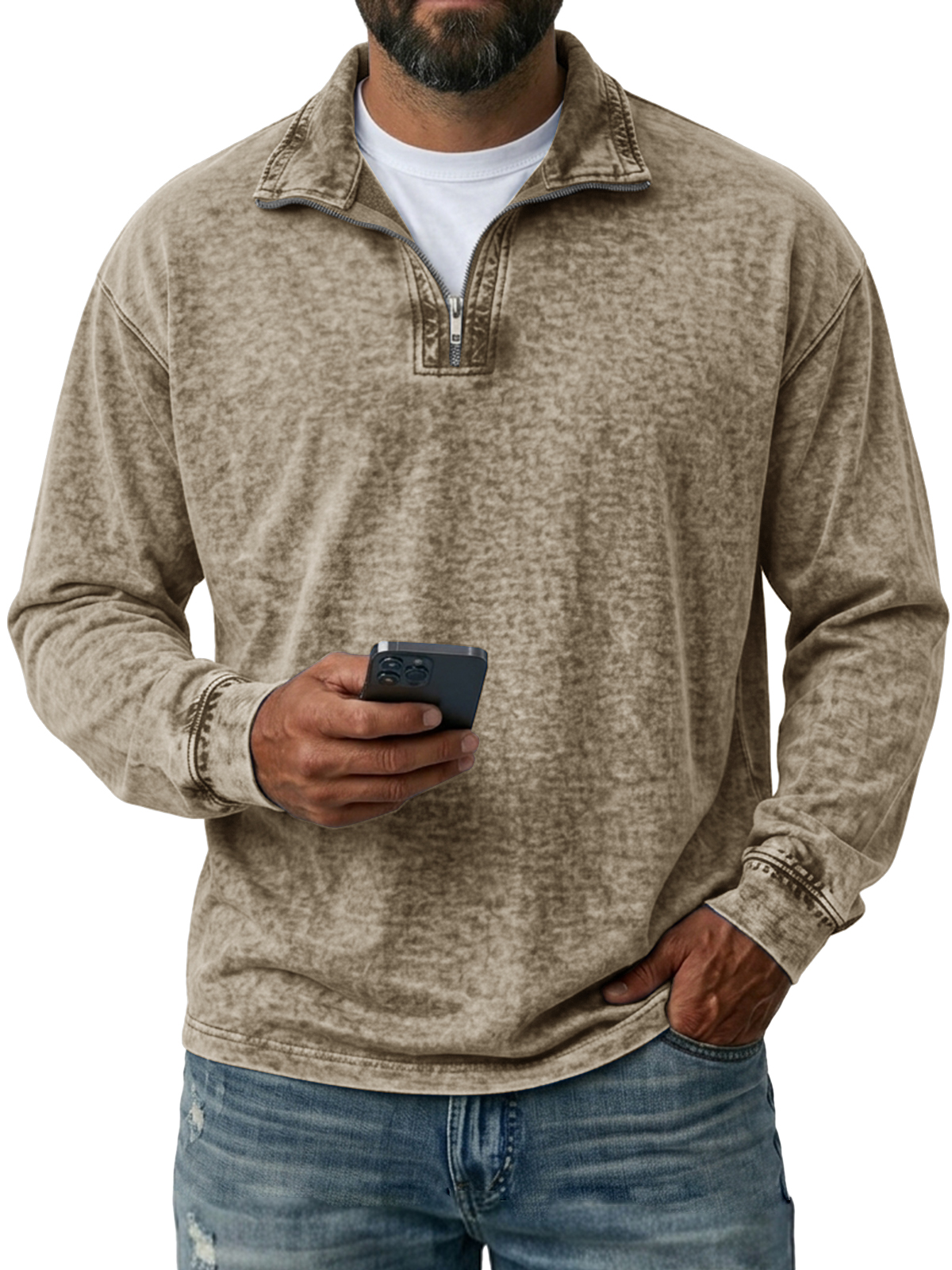 Men's Quarter-Zip Washed Distressed Long Sleeve T-Shirt