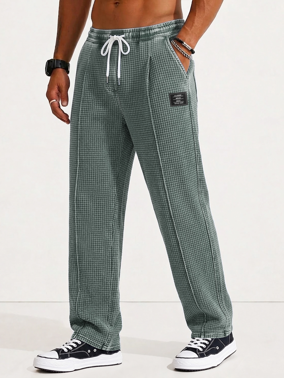 Men's Retro Distressed Waffle Knit Loose Casual Straight Leg Pants