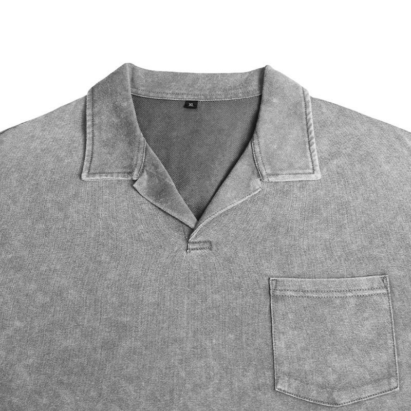 100% Cotton Vintage Washed Collared Pocket Pullover Long Sleeve Polo Shirt