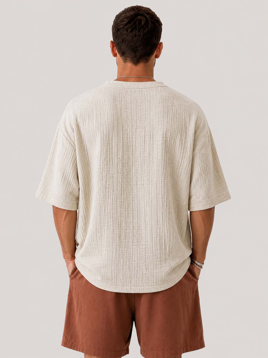 V-Neck Cotton Linen Textured Loose Fit Casual Short Sleeve Top