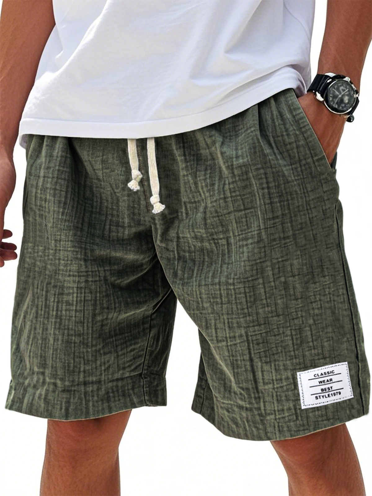 Men's Comfort Crepe Soft Simple Embroidered Label Casual Lace Up Everyday Shorts